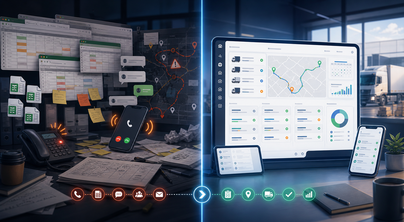 Split-screen comparison between chaotic spreadsheet dispatch and a shared dispatch operations platform.