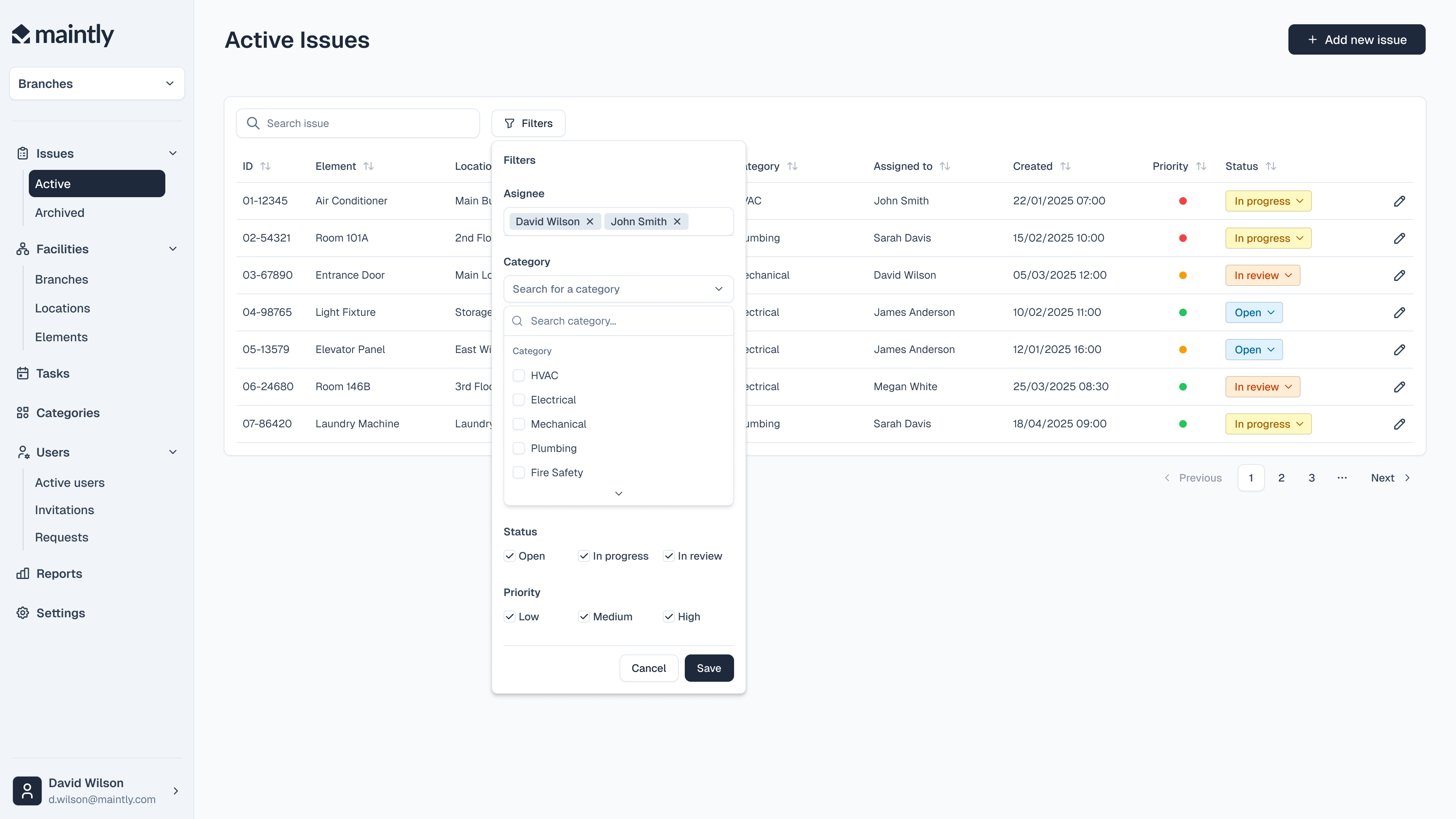 CMMS active issues screen with filters for assignee, category, status and priority.
