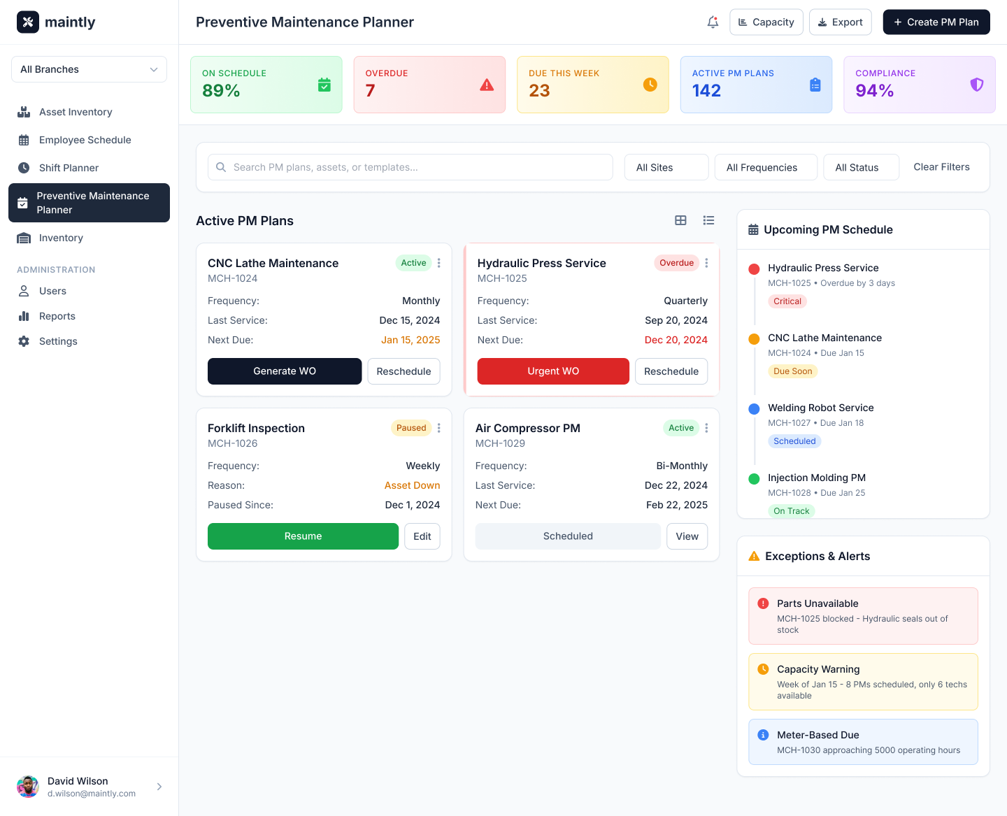 CMMS maintenance planner